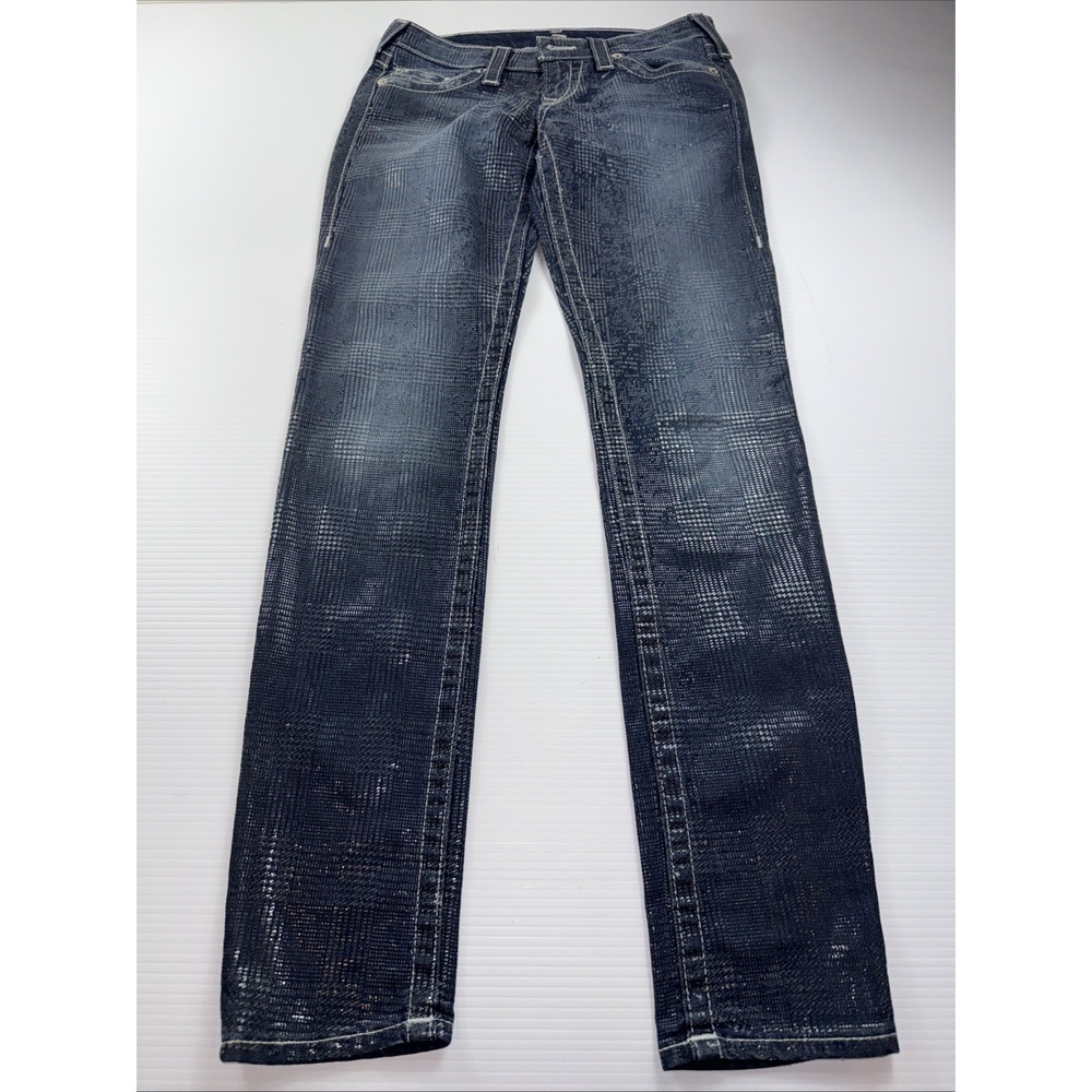 True Religion Women's Jeans 28 Blue Plaid Pattern Fish Scale Glittered‎ Skinny